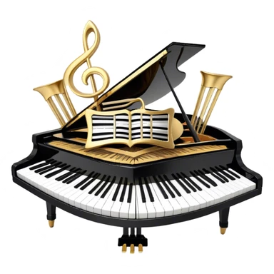 Create an elegant and festive emoji collage representing keyboard instruments, styled like a heraldic emblem. The design should feature a central focal point of black and white piano keys, arranged in a semi-circular or shield-like shape. Around the piano keys, add intertwining musical notes that form flowing ribbons, creating a dynamic and celebratory atmosphere. The design should be professional, with polished silver and gold accents on the keys and notes, highlighting the luxury and sophistication of the instruments. Add subtle shading and lighting effects to give the design a refined, 3D appearance. The background should remain transparent, and the overall feel should evoke grandeur, artistry, and a sense of celebration. sticker
