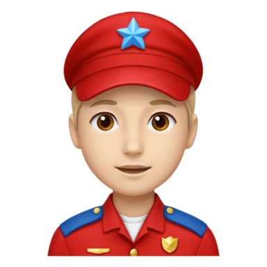 Vendeur comptoir habiller en rouge portant une casquette bleueu sticker