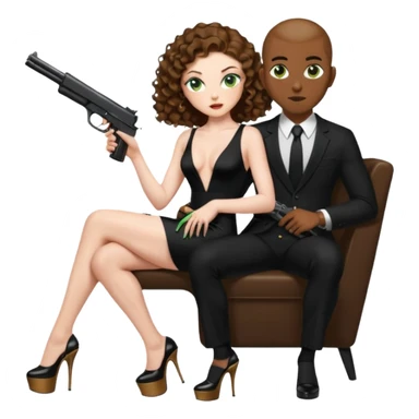 Sensual woman green eyes woman only brown long curly hair evil,with 7 inch platform stripper high heels long low cut black dress,and a gun, she is sitting on a buzz cut hair brown man's pimp lap, holdingwomans butt man is wearing a black suit sticker