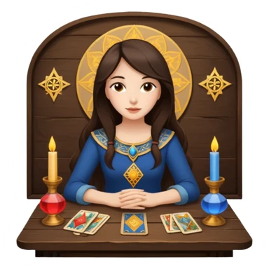 Create a brunette girl with brown eyes sitting at a table with tarot cards. sticker