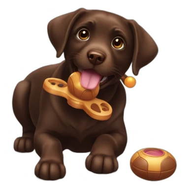 Chocolate labrador playing with toy sticker