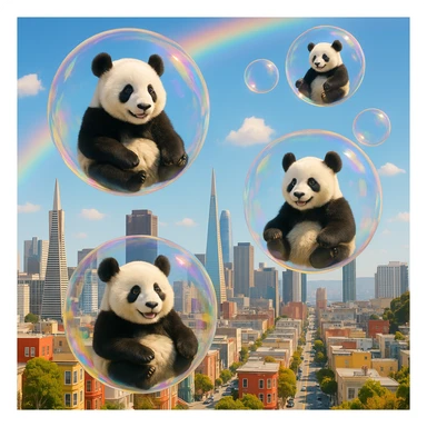 Cinematic still pandas bears sitting inside bubbles flying around San Francisco downtown, sunny summer day, happy vibe, colorfull surround, rainbow sticker