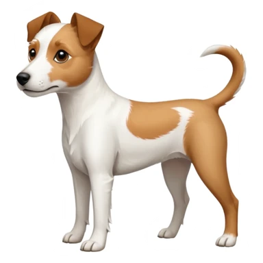 a full body white parson russell looking dog the size of a kelpie with light brown ears and a light brown patch on one eye and a large snout sticker