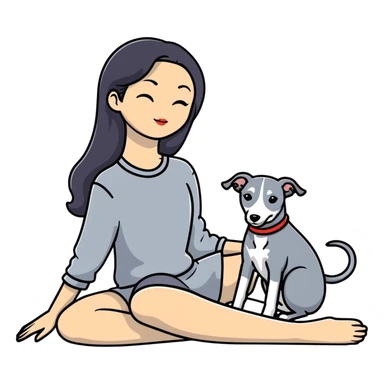 Very thin Chinese woman with long black hair relaxing in a luxurious hotel suite with exactly ONE whippet dog. EXTREME IMPORTANCE: the whippet must be ONE SOLID MEDIUM GREY COLOR (not too dark, not too light) from nose to tail with ABSOLUTELY NO WHITE MARKINGS anywhere - NO white on face, NO white on muzzle, NO white on chest, NO white on paws, NO white on tail - NOTHING BUT A SINGLE SHADE OF MEDIUM GREY throughout the entire animal sticker