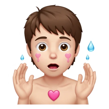 Pale Boy with shaggy brown hair, pink heart shaped eyes looking up , mouth open , water drop dripping from lips, hand grabbing at cheek sticker