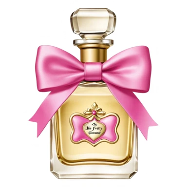 Realistic ultra detailed Juicy Couture brand, Viva La Juicy
Eau De Parfum, translucent gold bottle, pink bow sticker