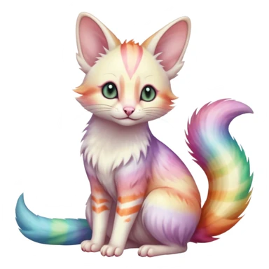  cute adorable pastel-iridescence-gradients albino fur with random colorful iridescent rainbow markings beautiful elegant pretty precious cute  Fakémon-Pokémon-opossum-feline-serval-caracal-chinchilla-Minccino-hybrid-creature with a big fluffy bushy striped tail (full body) sticker