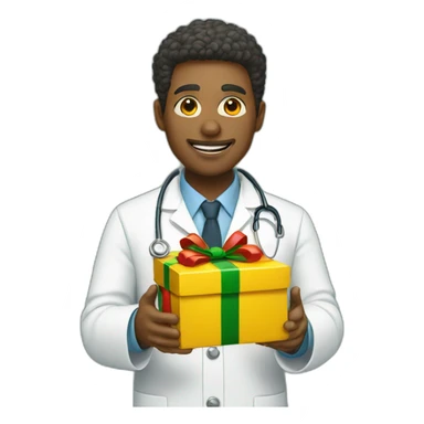 yellow doctor holding a Christmas present sticker