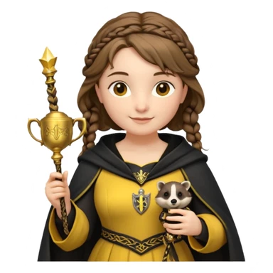 Helga Hufflepuff,the Hogwarts founder of Hufflepuff,brown-haired,2braids,yellow-black medieval dress with black cloak decorated with gold braiding,flickering magic wand and tiny two-handled shiny gold cup engraved with the badger silhouette,very kind smile,curvy busty sweet sticker