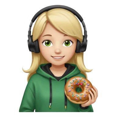 a girl with long brown hair blonde ends green and wearing black headphones she is wearing a cream coulor baggy hoddie she is happyish holding a donut sticker