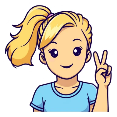 blonde girl with high pony tail hair, winking and making peace sign sticker
