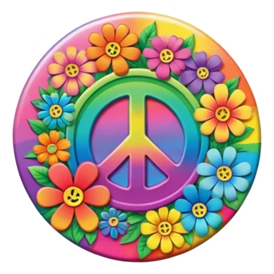 A round psychedelic colored button with the word (Peace) in the center with rainbow colored hippie style flowers sticker