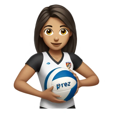 Female girl volleyball player with dark brown hair holding a volleyball with a jersey with the name Pérez on the back sticker