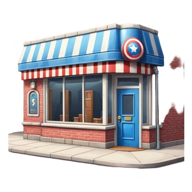 barbershop exterior with secret superhero lair hidden inside, barber pole, secret entrance sticker