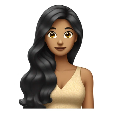 Tanned woman with long black hair wearing 1970s style dress and hair sticker