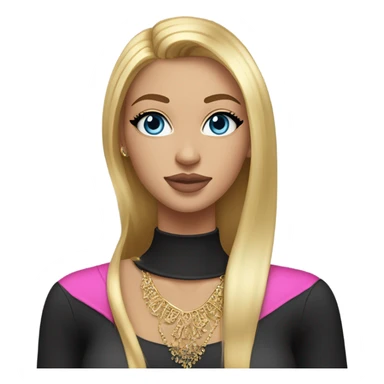 Tanned blonde girl with straight long shiny hair with middle part blue eyes with eyeliner   full pink shiny lips kinda big boobs wearing a lot of gold jelewerry ang black long sleeve  sticker