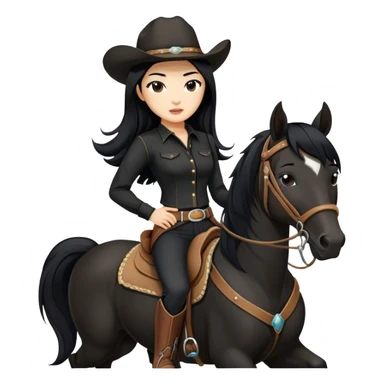 confident Asian woman with long black hair wearing black outfit riding a horse cowgirl style sticker