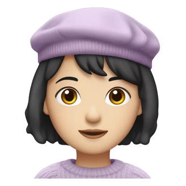 korean girl short black hair sharp jawline, attractive wearing a lilac sweater and beret sticker