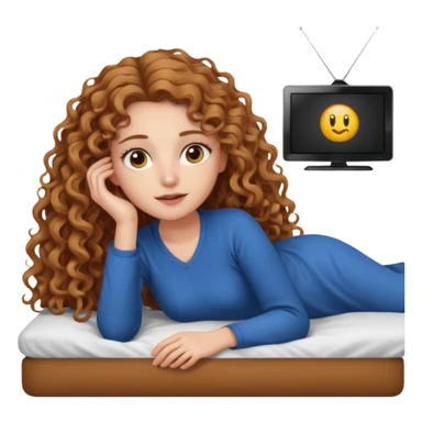 garota branca com olhos castanhos claros e cabelo cacheado longo da mesma cor dos olhos, deitada na cama assistindo tv  sticker
