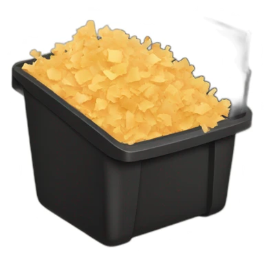 Black cubic plastic container with wood shavings inside sticker