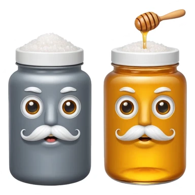 Garama and Madundung are together a gray container of salt and a honey container with a cloth on top. They each have eyes with white in the middle, a mouth, nose, and mustache both customary to their colors. They have hairy legs and emit an aura of salt (Garama), and honey (Madundung). sticker