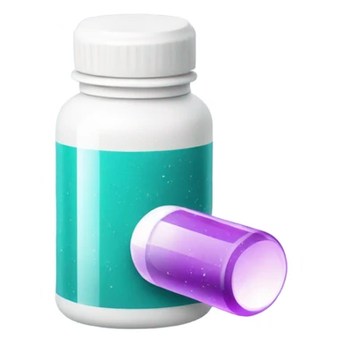 white pill bottle with teal medicine capsule, sparkles and texture light purple sticker