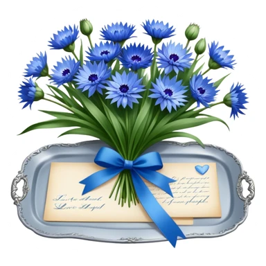 A beautifully ornate silver tray holding a bouquet of soft blue cornflowers and a love letter tied with a green ribbon. sticker