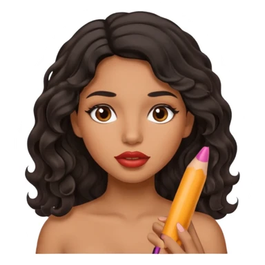 Latina girl with lip liner on her lips and black wavy hair holding a dick sticker