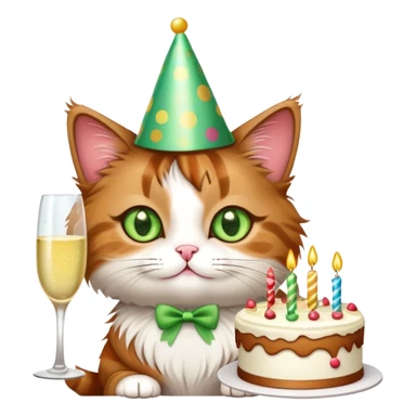 tricolor fluffy cat with big green eyes celebrating her birthday with a cake and champagne sticker