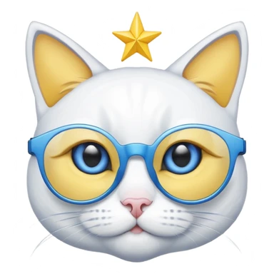 White cat with yellow eyes wearing start glasses that’s blue sticker