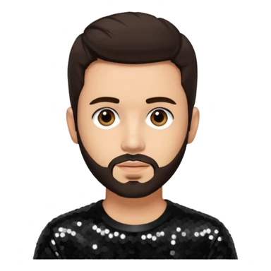 Frankie Zulferino, Pop Singer (b.1990) with dark brown hair and short beard, black sequin outfit, light tan skin sticker