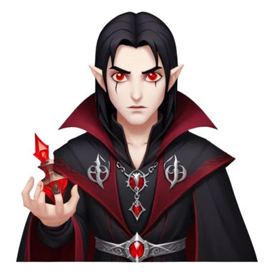 Cinematic Realistic WoW Vampire Mage Portrait, head tilted epicly and inquisitively, showcasing a commanding presence and ancient arcane mastery. His pallid skin and sleek dark hair are set against the intricately detailed black robe—with silver accents and mystical runes—that remains consistent in its shadowed elegance. His piercing crimson eyes blaze with forbidden power, rendered with dramatic, lifelike clarity and high shine, epic and awe-inspiring. sticker