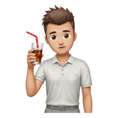 Handsome male.short messy brown hair.mowhawk hairstyle. wearing white golf shirt.grey shorts. Drinking brandy and coke . Drunk. No straw sticker