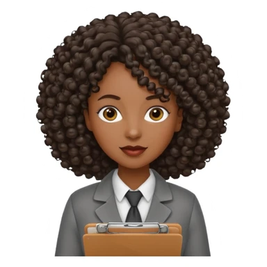 black professional woman with curly hair and a clipboard sticker