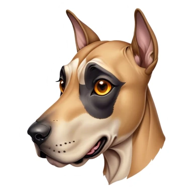 Cinematic Comical Fawn Great Dane Portrait Emoji, Head tilted dramatically with an exaggeratedly amused expression, featuring a sleek fawn coat with a subtle dark mask, wide, expressive amber eyes filled with playful disbelief, Simplified yet hilariously expressive features, highly detailed, glowing with a slightly sassy glow, high shine, dramatic yet playful, stylized with an air of cheeky mischief, bright and endearing, soft glowing outline, capturing the essence of a spirited and over-the-top guardian, so meme-worthy it feels like it could side-eye its way into internet fame instantly! sticker