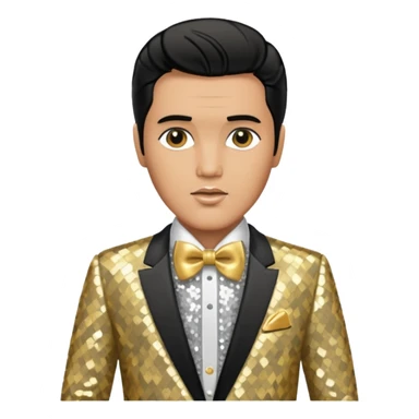 Elvis Presley with silver sequin shirt with gold bow tie, gold sequin suit sticker