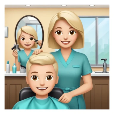 happy woman getting a haircut in a welcoming salon, both client and hairstylist smiling, no threatening elements sticker