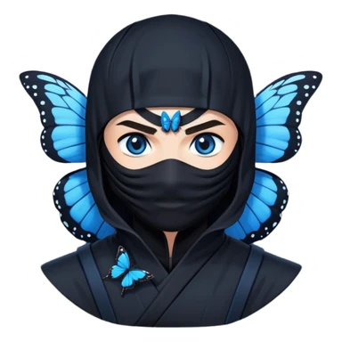 Emoji para usar en WhatsApp con estos dos emoji 🥷🏻 🦋.
Ninja vestido de negro con los ojos negros y con la piel blanca y una mariposa azul posada en su hombro izquierdo como si la mariposa estuviera volando en el hombro. sticker