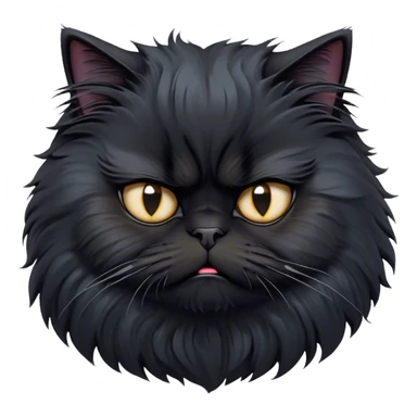 Cinematic Grumpy Frazzled Black Persian Cat Portrait Emoji, Head tilted with an exaggeratedly grumpy expression, fluffy black fur with hints of silver and deep undertones, Simplified yet hilariously frazzled features with large, expressive eyes, highly detailed, glowing with a warm but irritated glow, high shine, a mix of annoyed and disheveled, stylized with a touch of humor, bright but with a completely frazzled and grumpy face, soft glowing outline, capturing the essence of a quirky yet grumpy kitty, so endearing it feels like it could leap out of the screen and demand attention with its wonderfully grumpy, frazzled charm! sticker