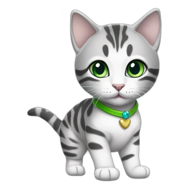 cute light white and grey domestic shorthair tabby with green and blue eyes black pupils, walking and playing wearing a cute costume female sticker