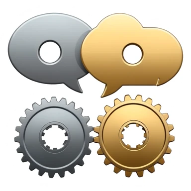 two overlapping speech bubbles, one with a gear sticker