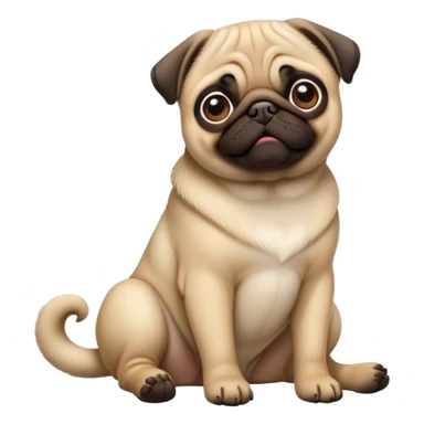 detailed-[pug]-realistic-full-body-sitting-emoji,-tail-resting-loosely-beside-its-paws,-head-tilted-dramatically, -sleek-fur,-simplified-yet-realistic-focused-features,-highly-detailed,-glowing-with-an-almost-sarcastic-glow sticker