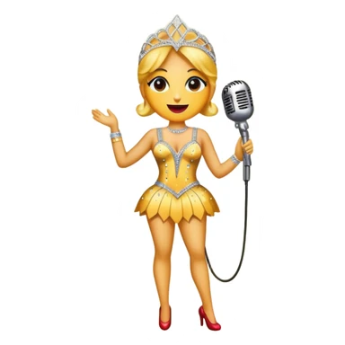 Create a glamorous and eye-catching emoji representing stage vocals, featuring a vintage stage microphone as the central element. Surround the microphone with a vibrant, sparkling stage costume covered in rhinestones, capturing the essence of a classic stage performance. The costume should be flashy, with shiny accents and a dazzling effect to evoke the energy and elegance of a live performance. Add subtle musical notes floating around to emphasize the connection to singing. Use bright, bold colors like gold, silver, and deep reds, along with glittering details to create a luxurious and dynamic atmosphere. The background should be transparent. sticker