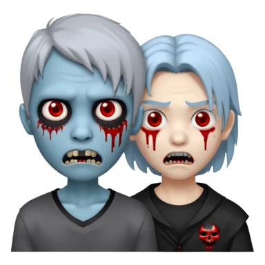 Create a 3D emoji-style avatar with very pale blue-grey zombie skin like the reference image, a young Asian face, and large eyes with blood tears. Give it white mullet-style hair, silver hoop earrings, and a plain black T-shirt. The face expression should be slightly angry, with vampire fang sticker