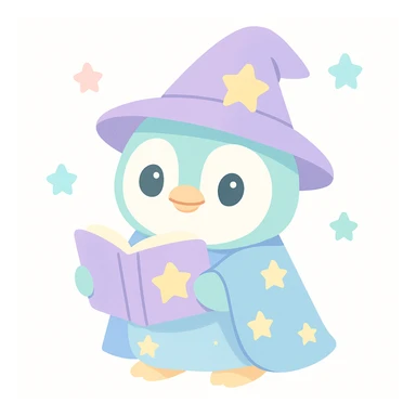 charming penguin wizard holding a spellbook, wearing a starry robe, fantasy style, cute sticker