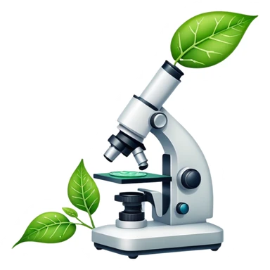 An icon featuring a DNA strand, a microscope with visible cells, and a green leaf, symbolizing biology. The design includes animal cells, plant structures, representing the study of living organisms and ecosystems. Transparent background highlights life sciences and biological research. sticker