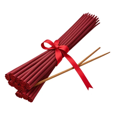 A bundle of incense sticks wrapped with a Persian red ribbon, exuding a vintage glamour aesthetic. The rich, deep red hue contrasts elegantly with the natural texture of the incense. Soft lighting enhances the luxurious and nostalgic feel of the composition. sticker
