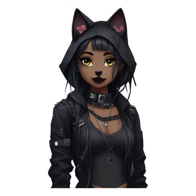Gorgeous gothic dark techwear cyberpunk anime style sona anthro cat, aesthetic, and pretty edgy black with collar and harness, trending style sticker