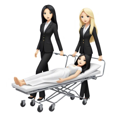 Two woman in black pants suits. One has long black hair and one has long blond hair. They are pushing a stretcher with a dead body on it that is covered in white sheets sticker