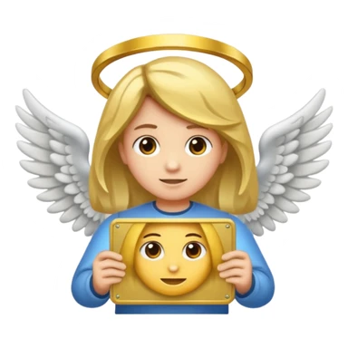 "Um emoji de anjo com cabelos loiros, um halo, asas, segurando um sinal de 'compartilhar' em letras em negrito." sticker